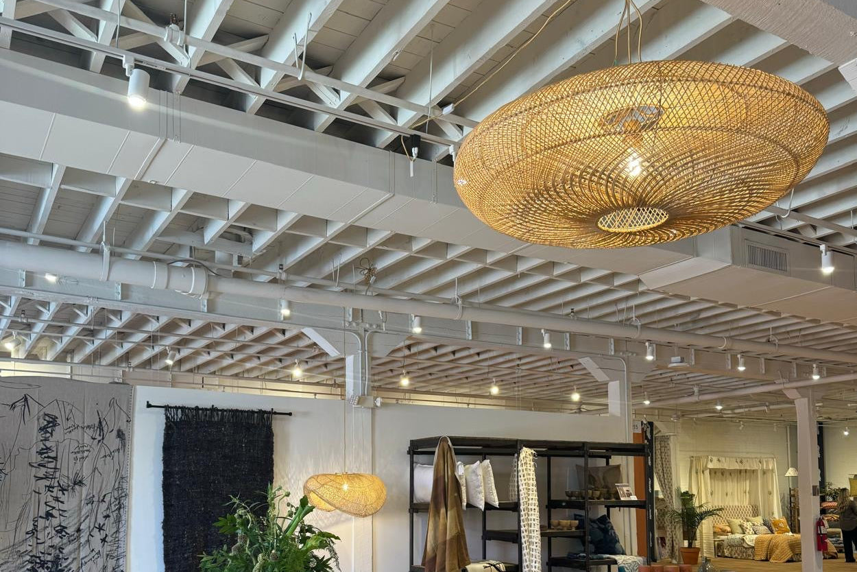 The UFO pendant woven with bamboo on stainless steel frame locally made and customisable seen at High Point Market North Carolina
