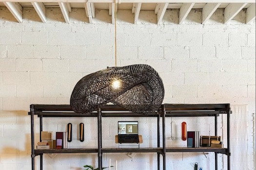 Woven pendant lighting in black as seen at Hight Point Market Carolina with The Local Edit from bamboo on stainless steel