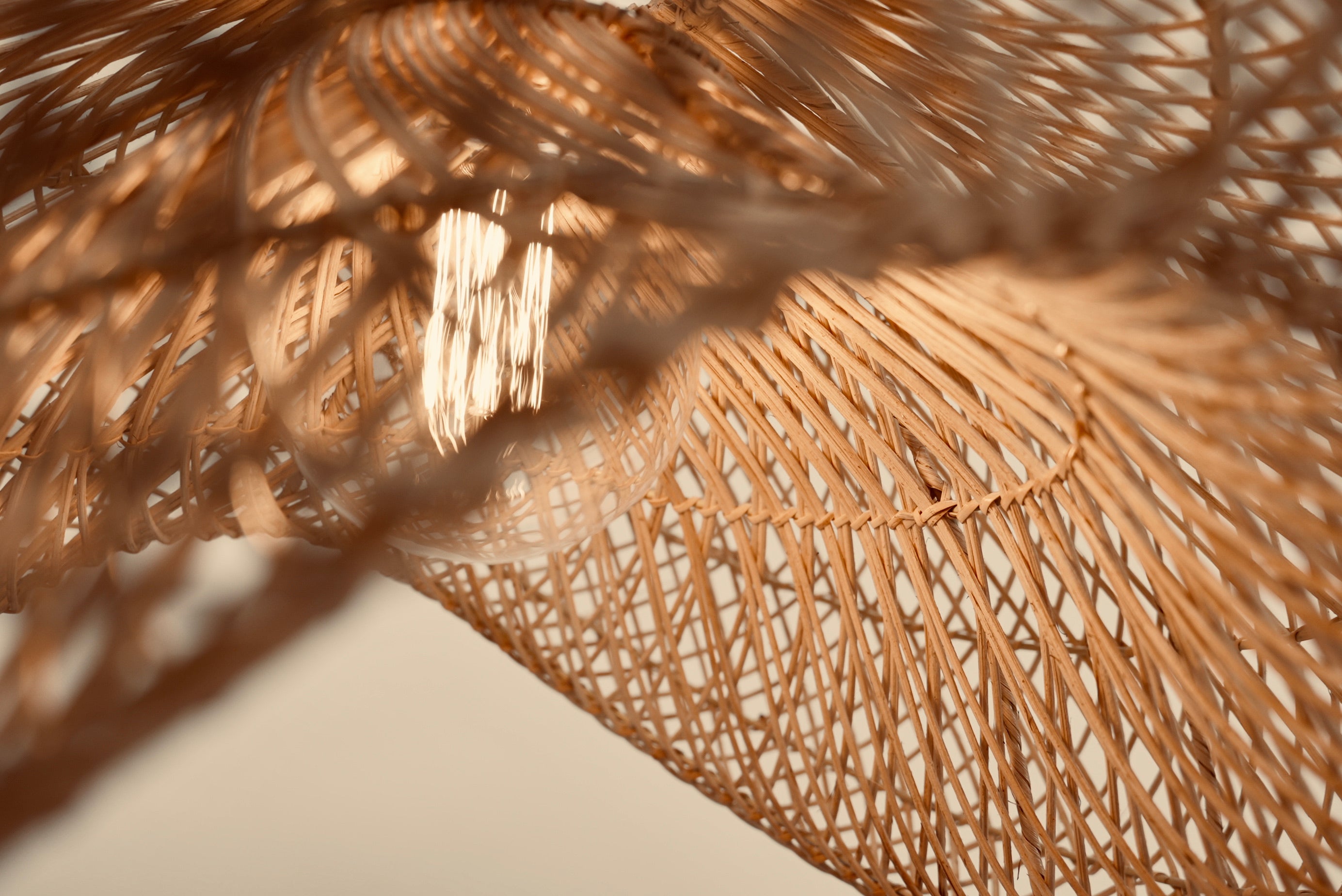 Woven pendant lighting as seen in Checkers' butcheries from bamboo on stainless steel, handmade, natural, sustainable lighting in brown / natural, black and white, or black 