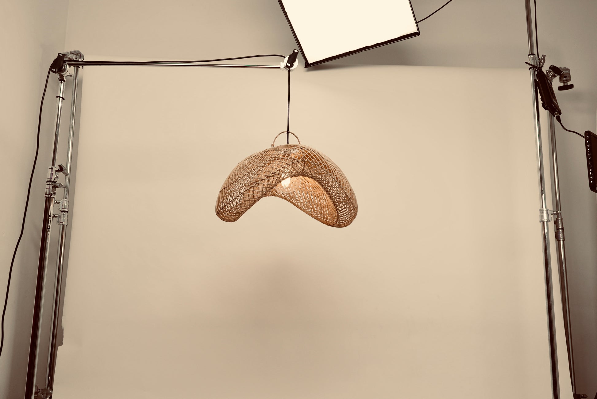 Woven pendant lighting as seen in Checkers' butcheries from bamboo on stainless steel
