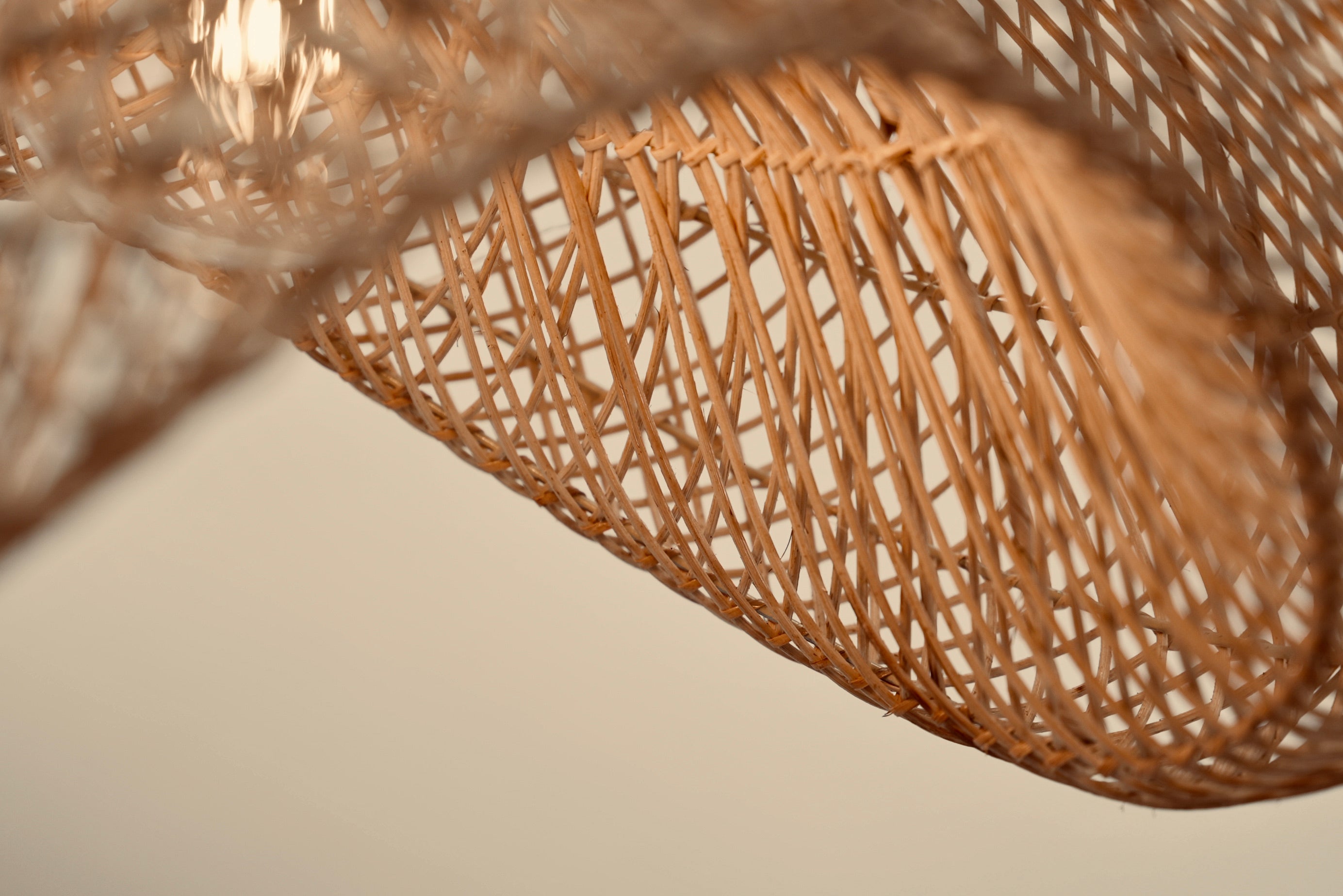 Woven pendant lighting as seen in Checkers' butcheries from bamboo on stainless steel, handmade, natural, sustainable lighting