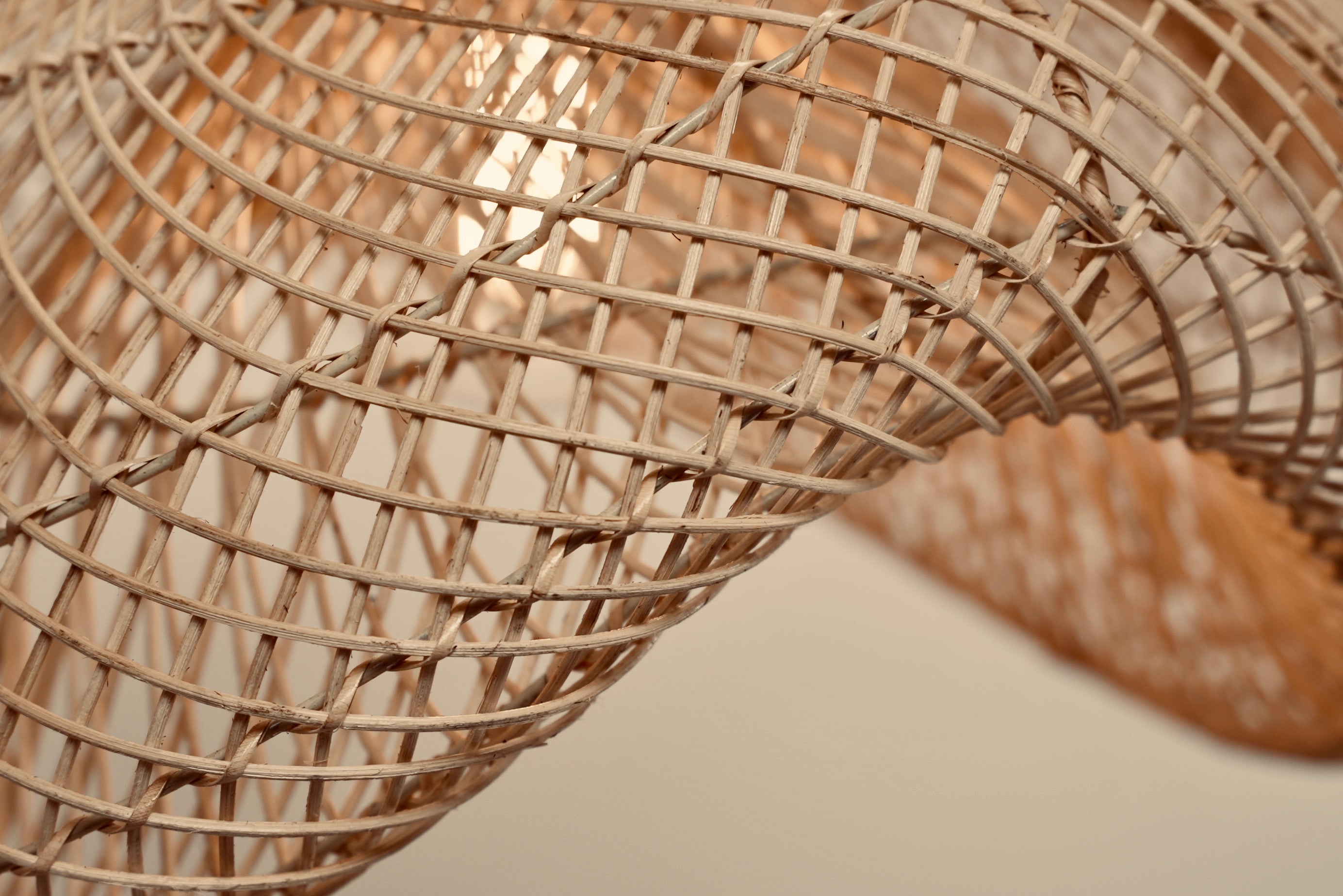 Woven pendant lighting as seen in Checkers' butcheries from bamboo on stainless steel in natural 