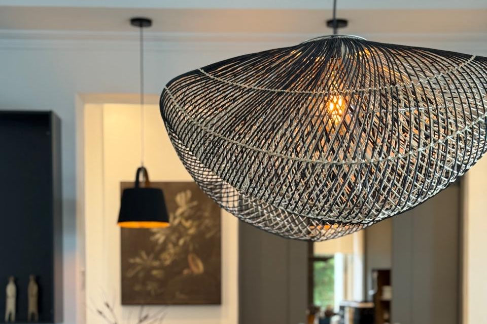 Woven pendant lighting as seen in Checkers' butcheries from bamboo on stainless steel in black and white / natural / zebra finish