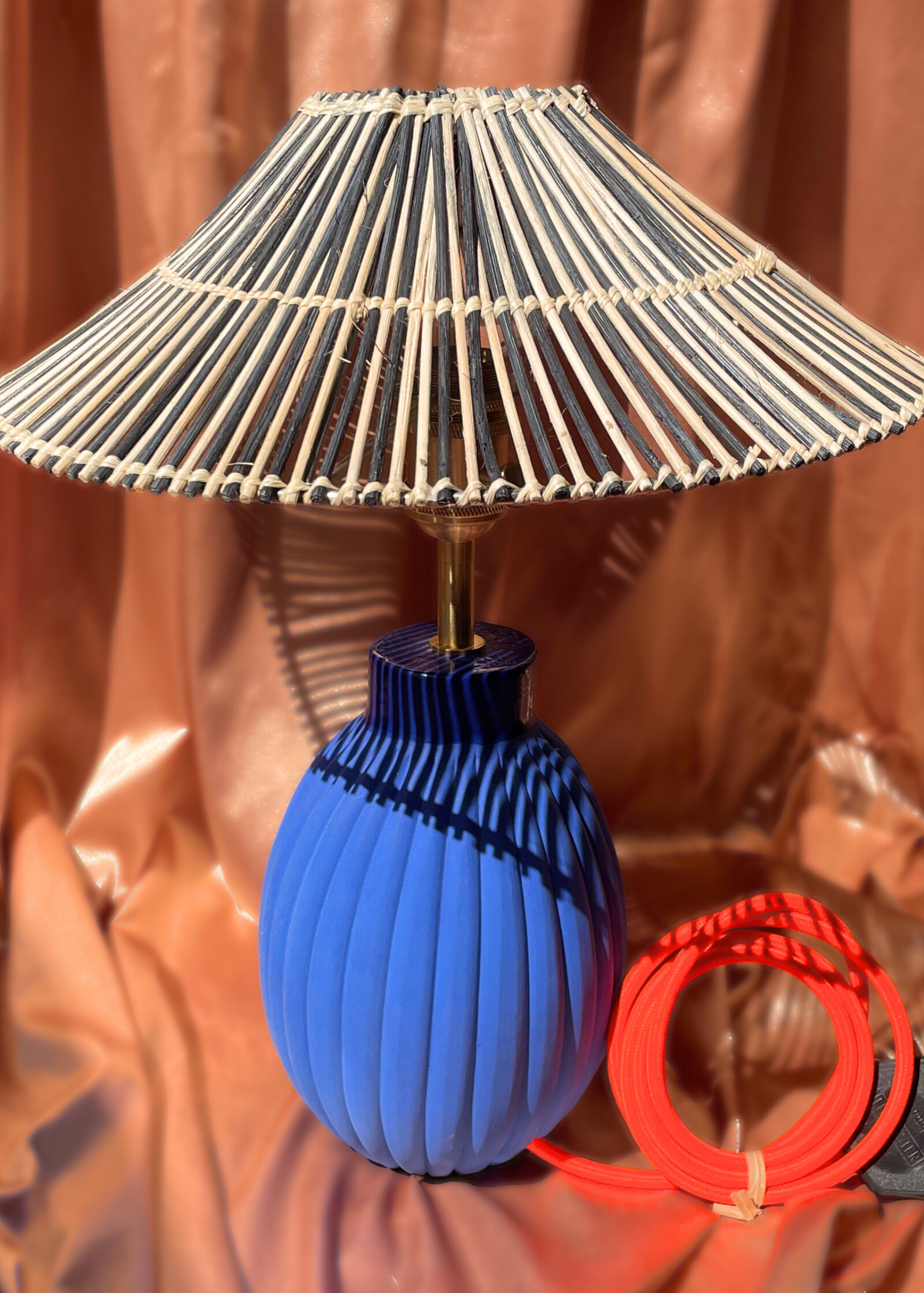 Majorelle blue table bedside lamp base ceramic handmade with a woven cane wicker shade brass fixtures custom cord