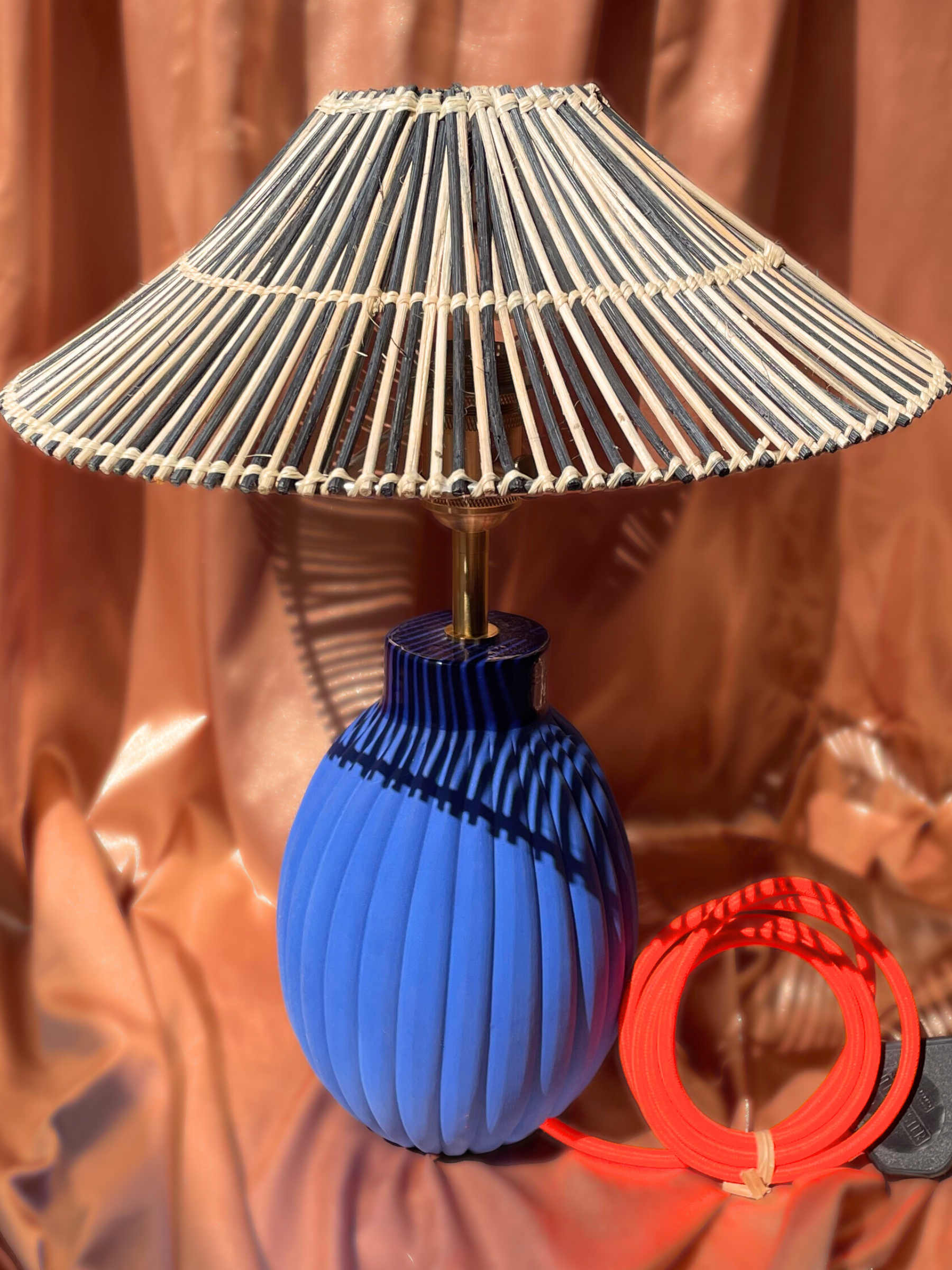 Majorelle blue table bedside lamp base ceramic handmade with a woven cane wicker shade brass fixtures custom cord