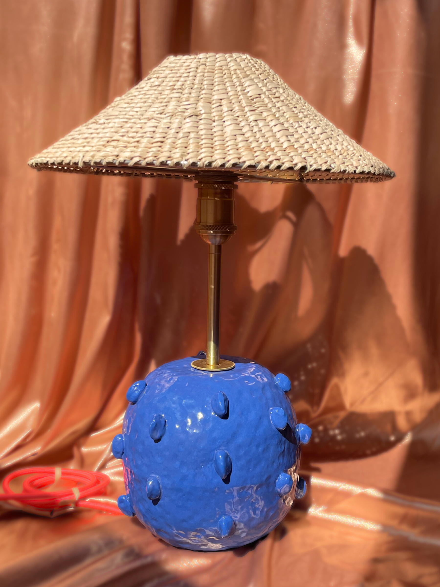Blue textured lamp base with a woven lampshade handmade