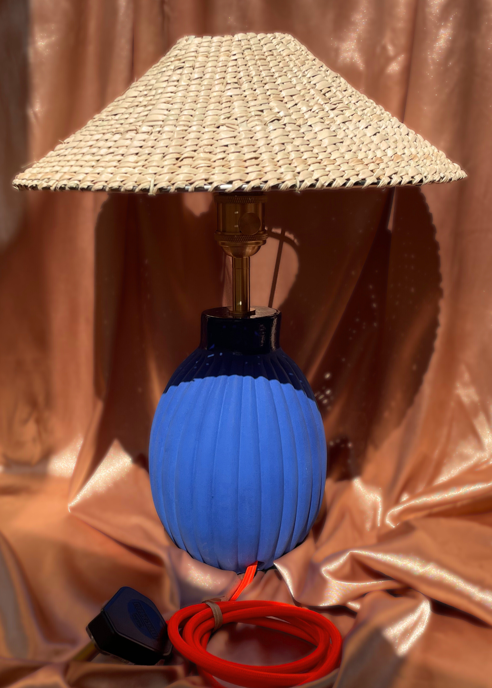 Lamp with blue base and wicker shade  brass fittings custom color cord table bedside lamp ceramic base custom