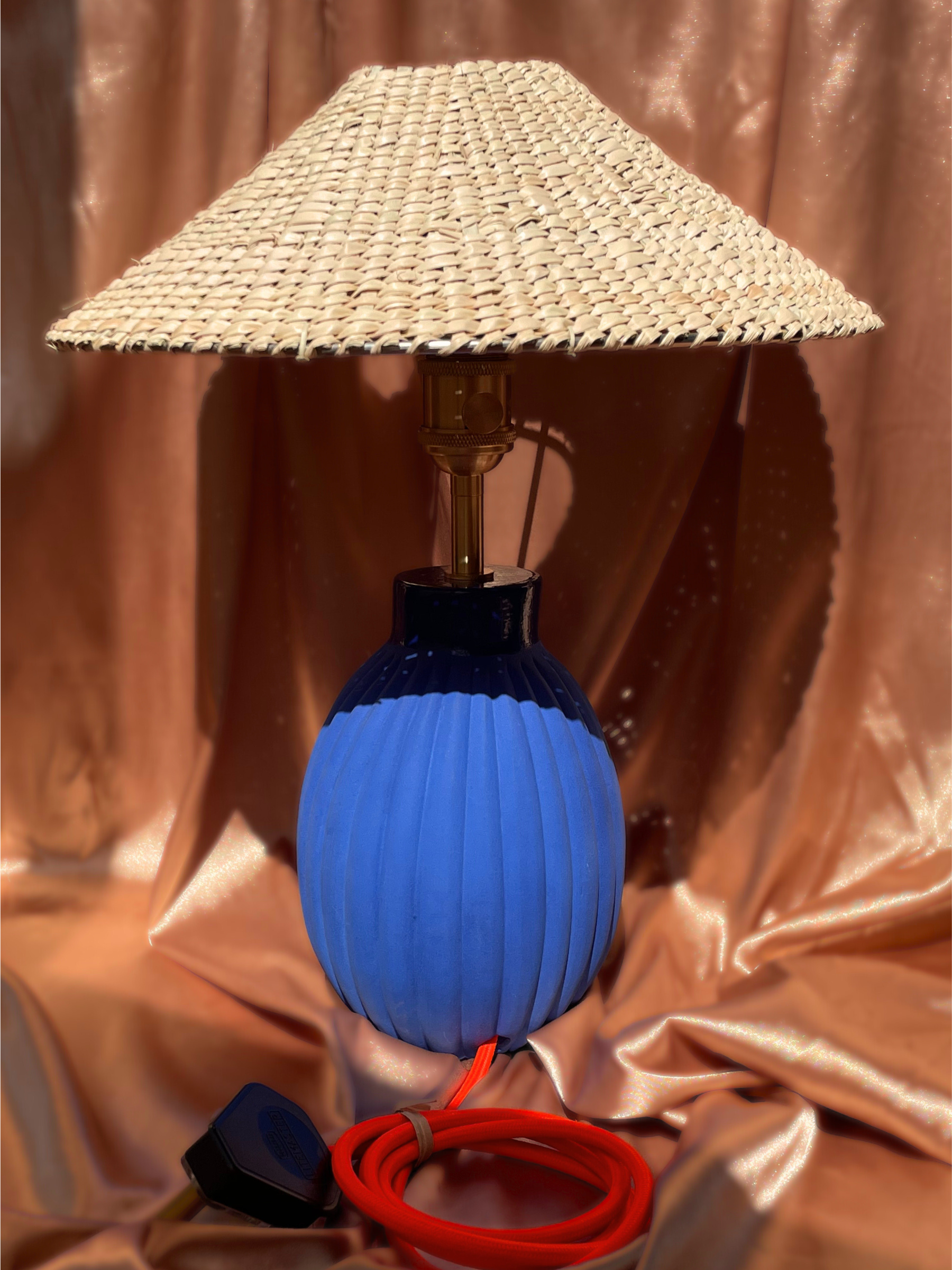Lamp with blue base and wicker shade  brass fittings custom color cord table bedside lamp ceramic base custom