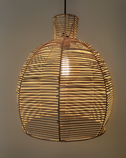 A ceiling-mounted chandelier with a stainless steel frame and tightly woven bamboo cane strips, creating a warm, ambient light. 