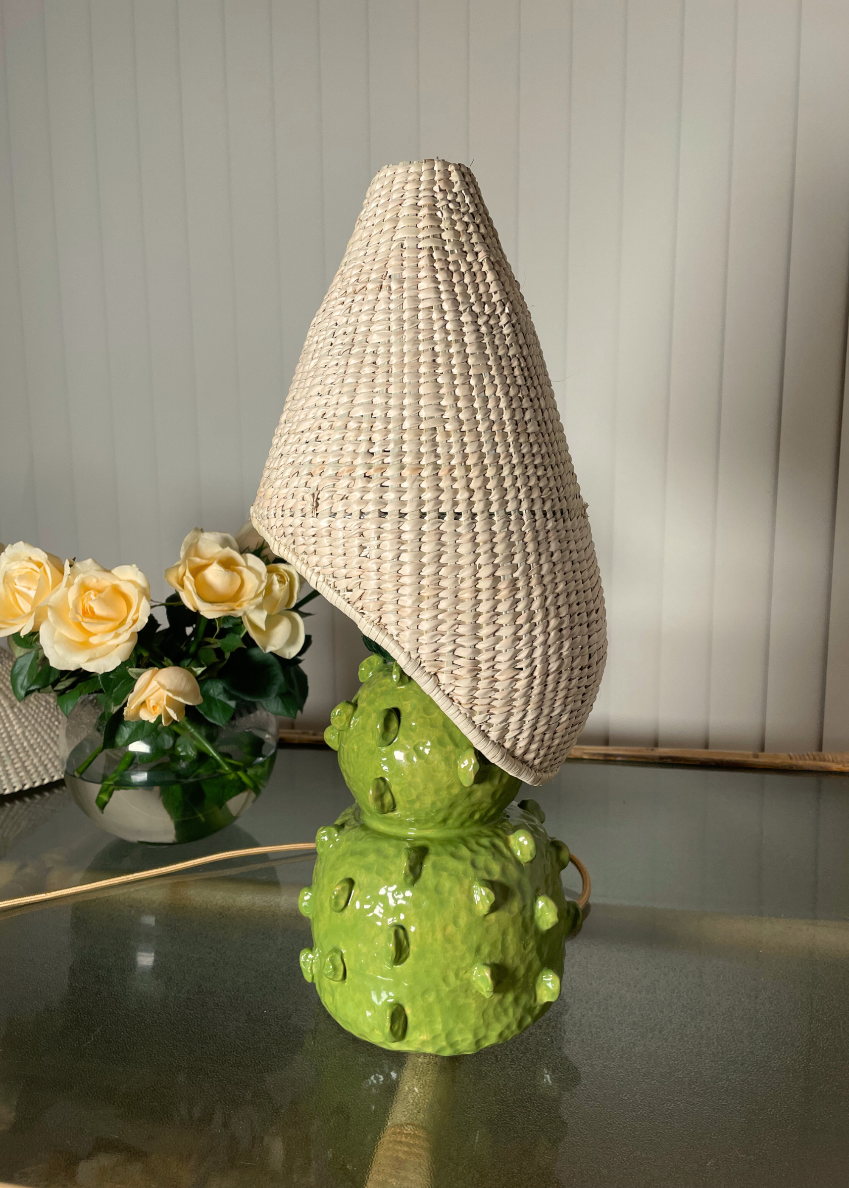 Table lamp with a green base and beige woven grass shade brass fittings custom color cord table bedside lamp ceramic base custom