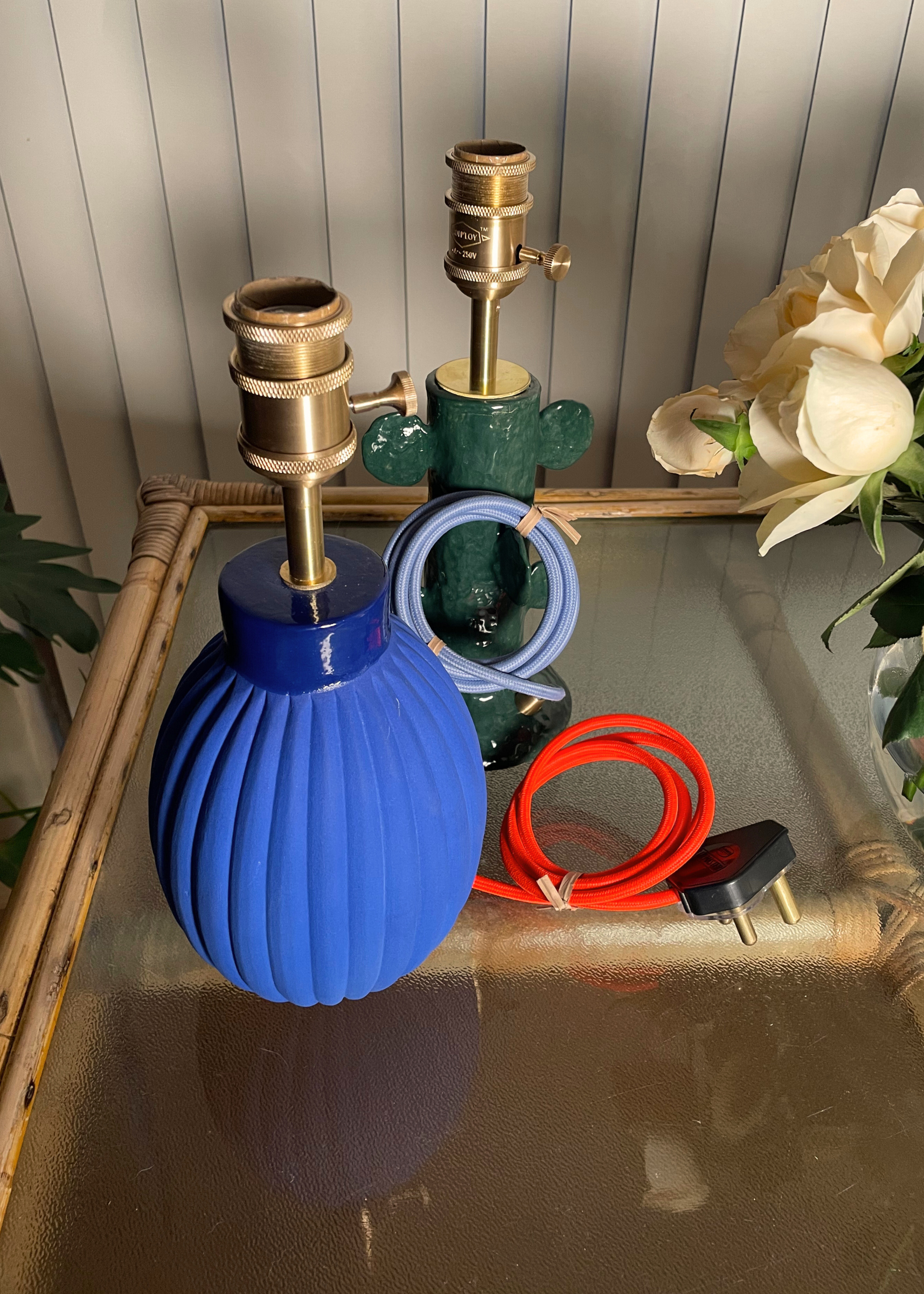 Blue lampshade ceramic base with brass fittings