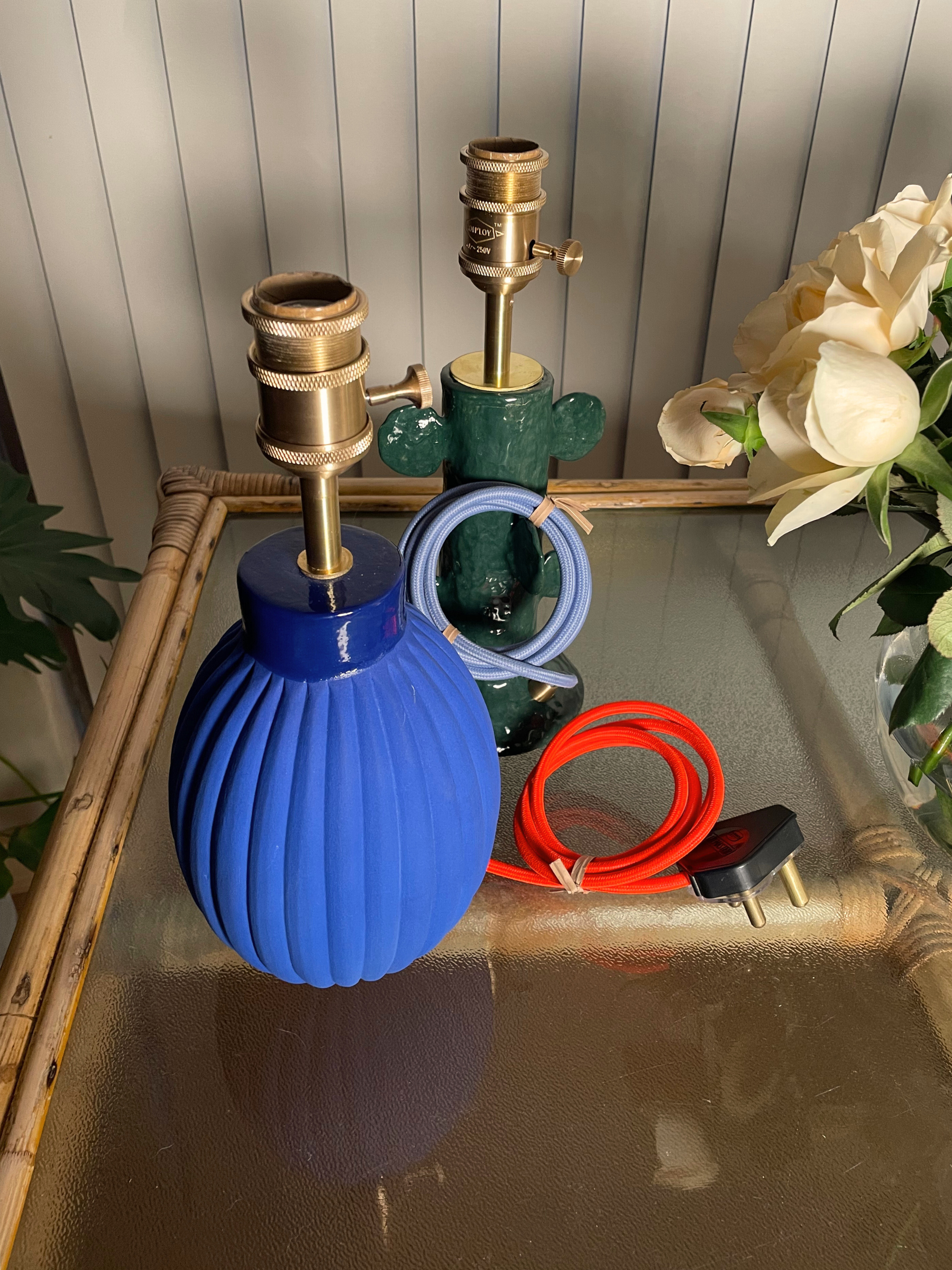 Blue lampshade ceramic base with brass fittings