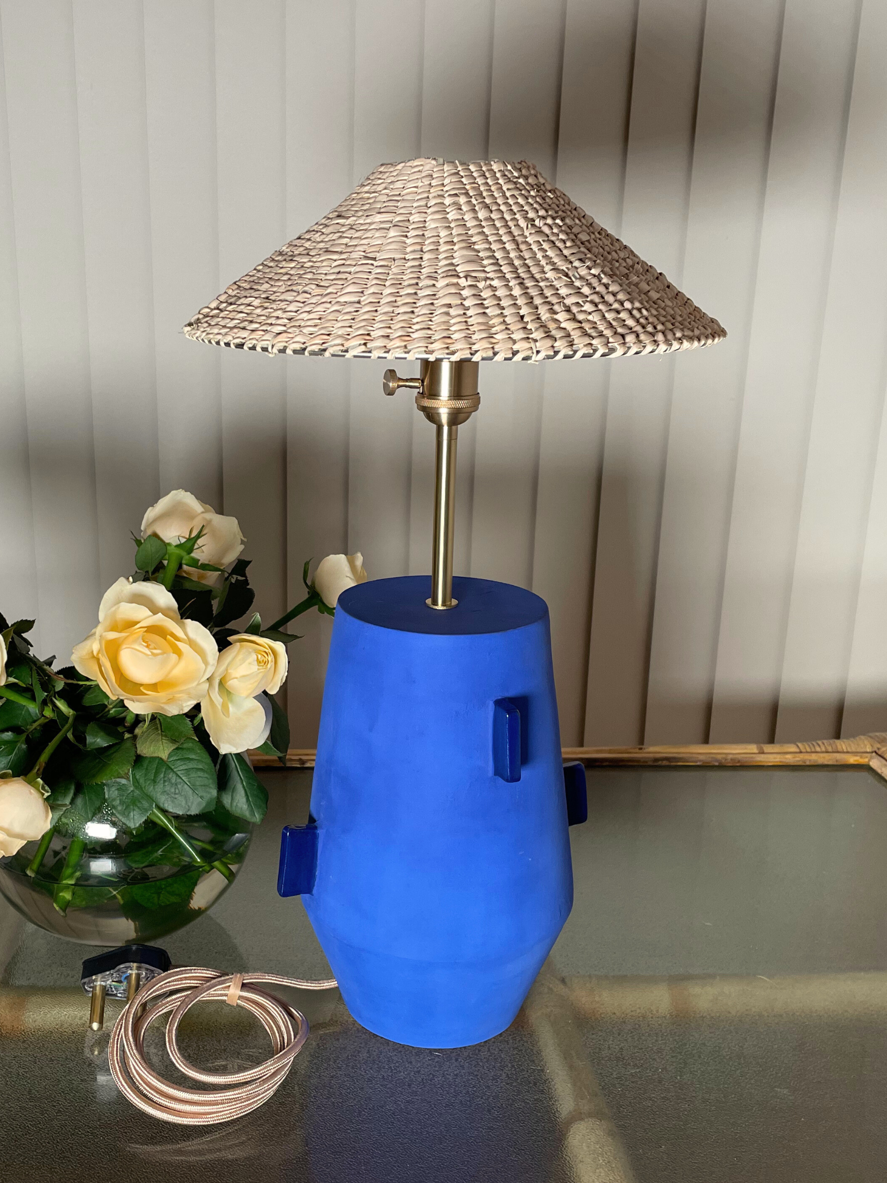 Blue lamp with woven shade brass fixtures custom cord
