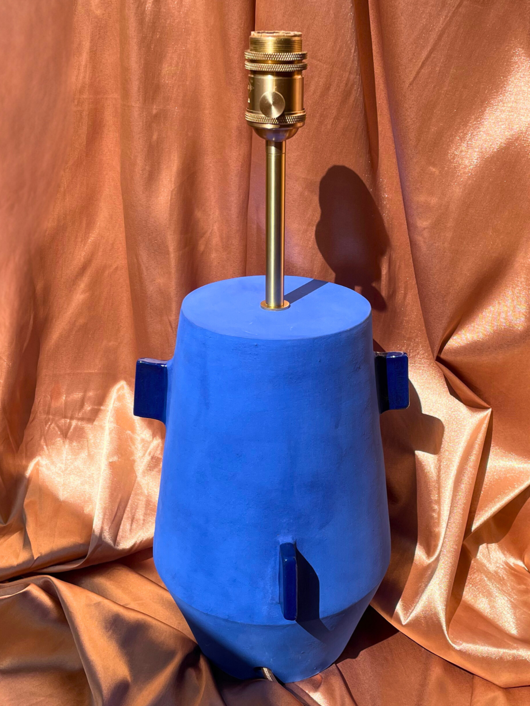 Blue handmade majorelle ceramic table lamp base bespoke with brass fixtures custom cord
