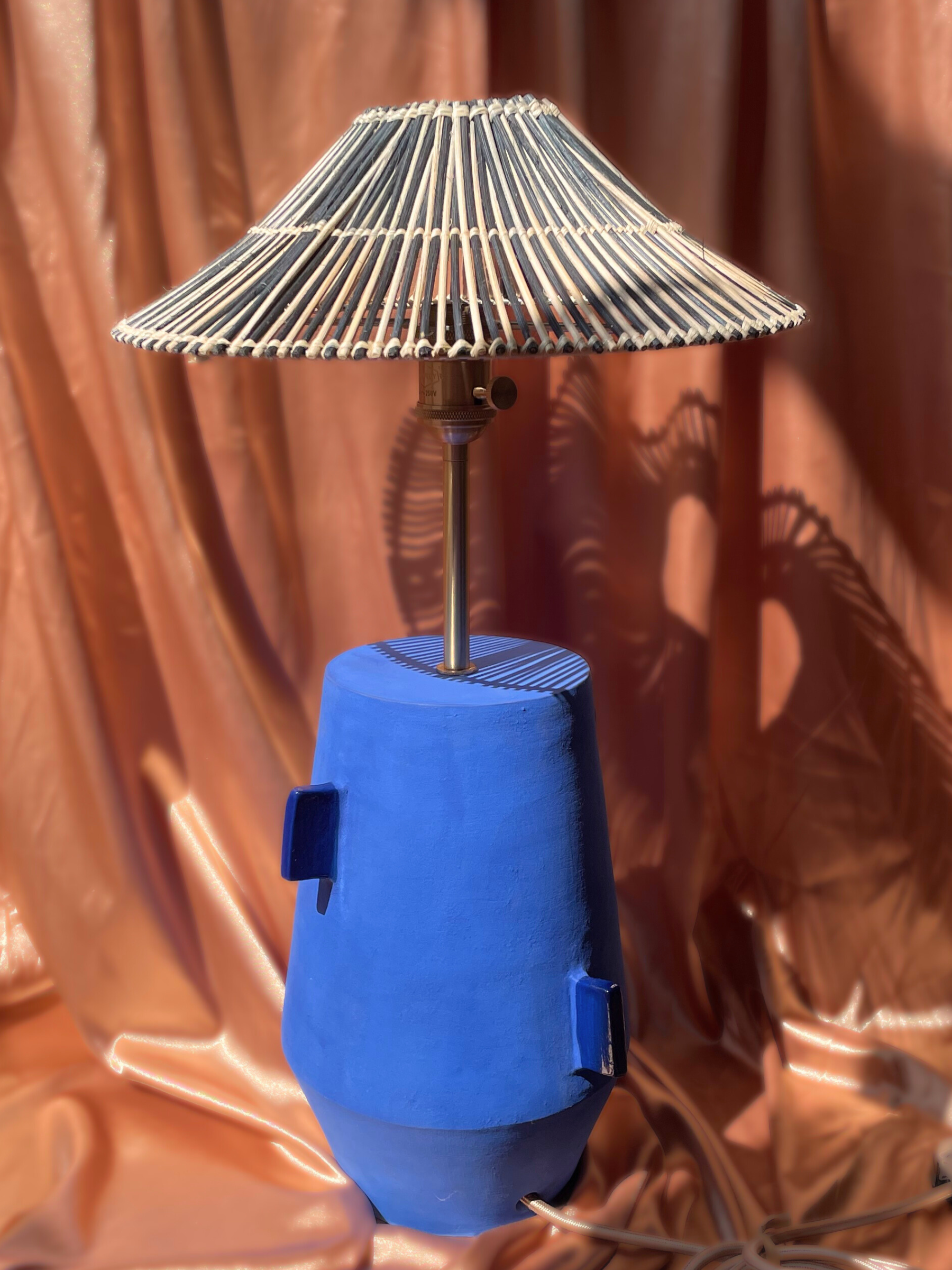 Blue lamp with a pleated lampshade  brass fixtures custom cord