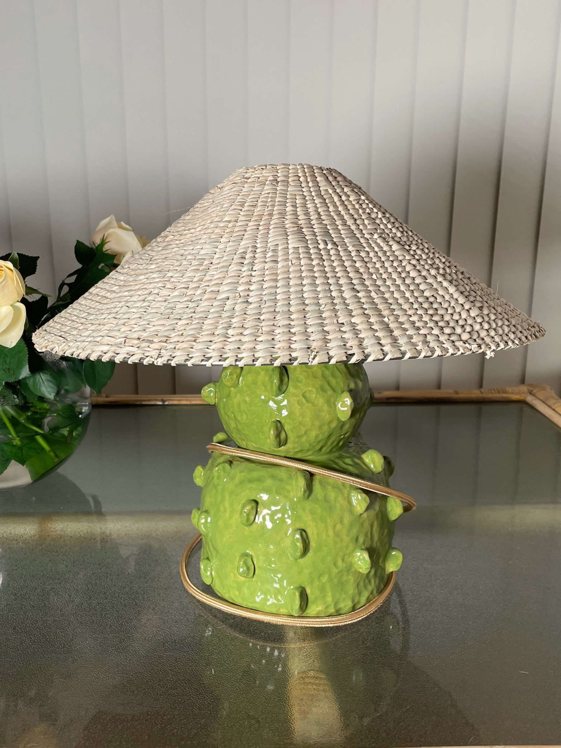 Bright green ceramic lamp with a textured natural grass shade brass fittings custom color cord table bedside lamp ceramic base custom