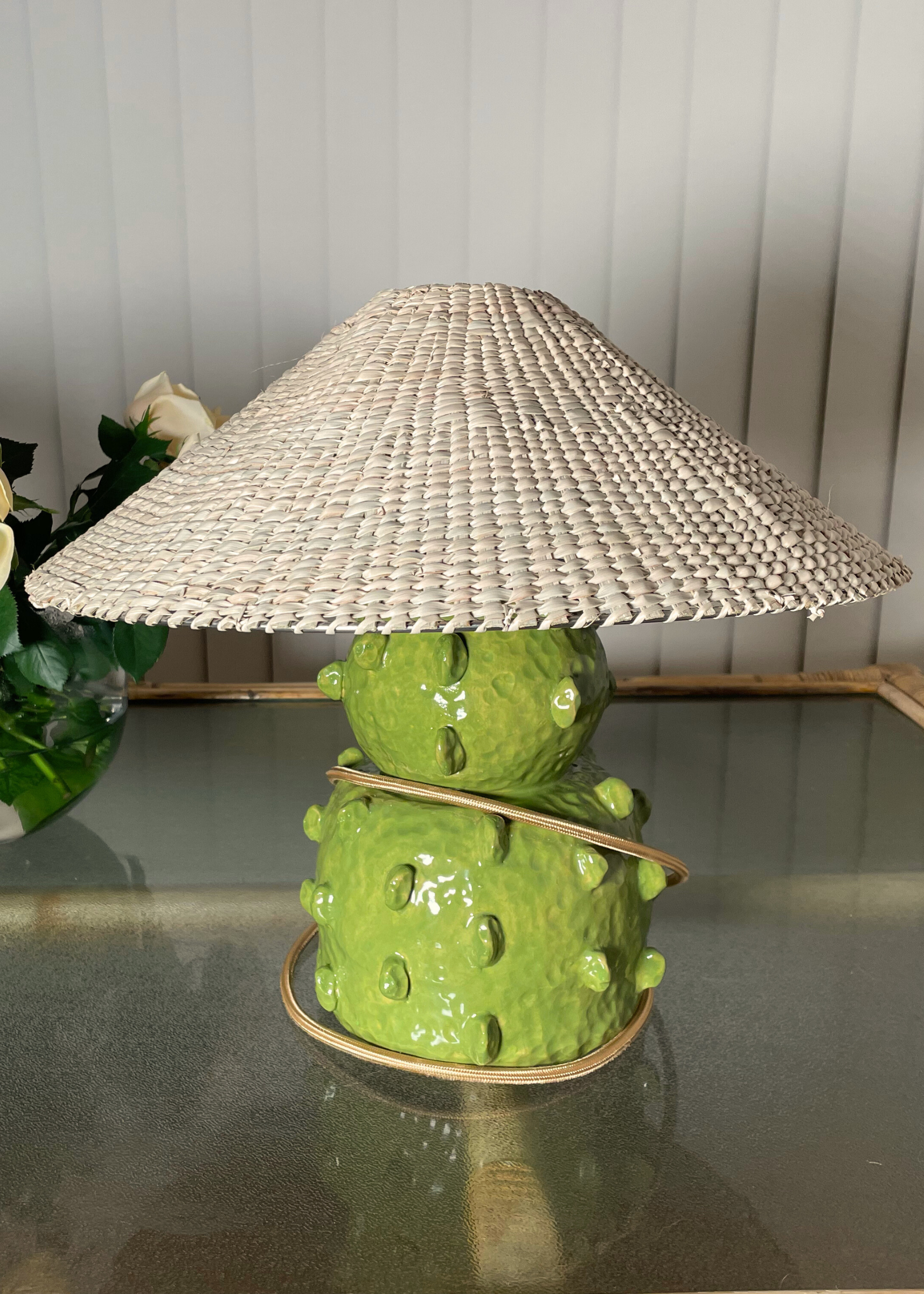 Bright green ceramic lamp with a textured natural grass shade brass fittings custom color cord table bedside lamp ceramic base custom