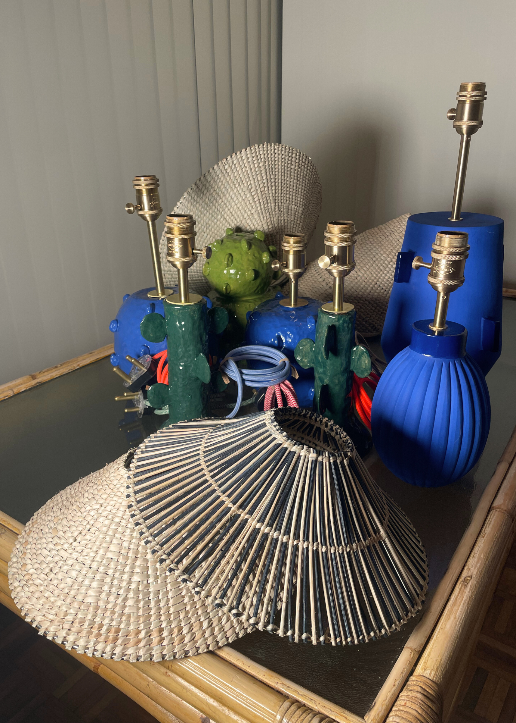 Decorative homeware including blue and green lampshades brass fittings custom color cord table bedside lamp ceramic base custom