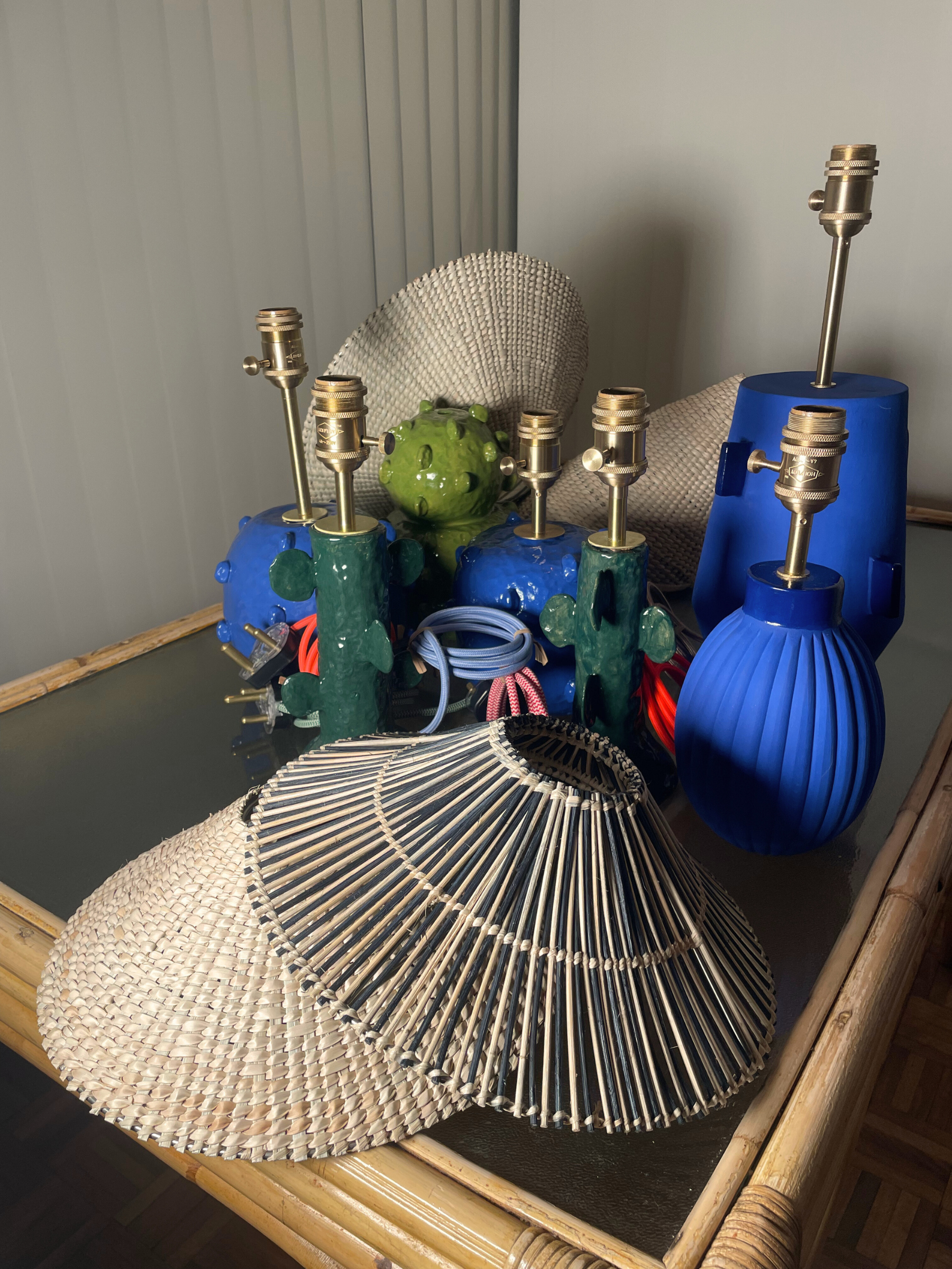Decorative homeware including blue and green lampshades brass fittings custom color cord table bedside lamp ceramic base custom