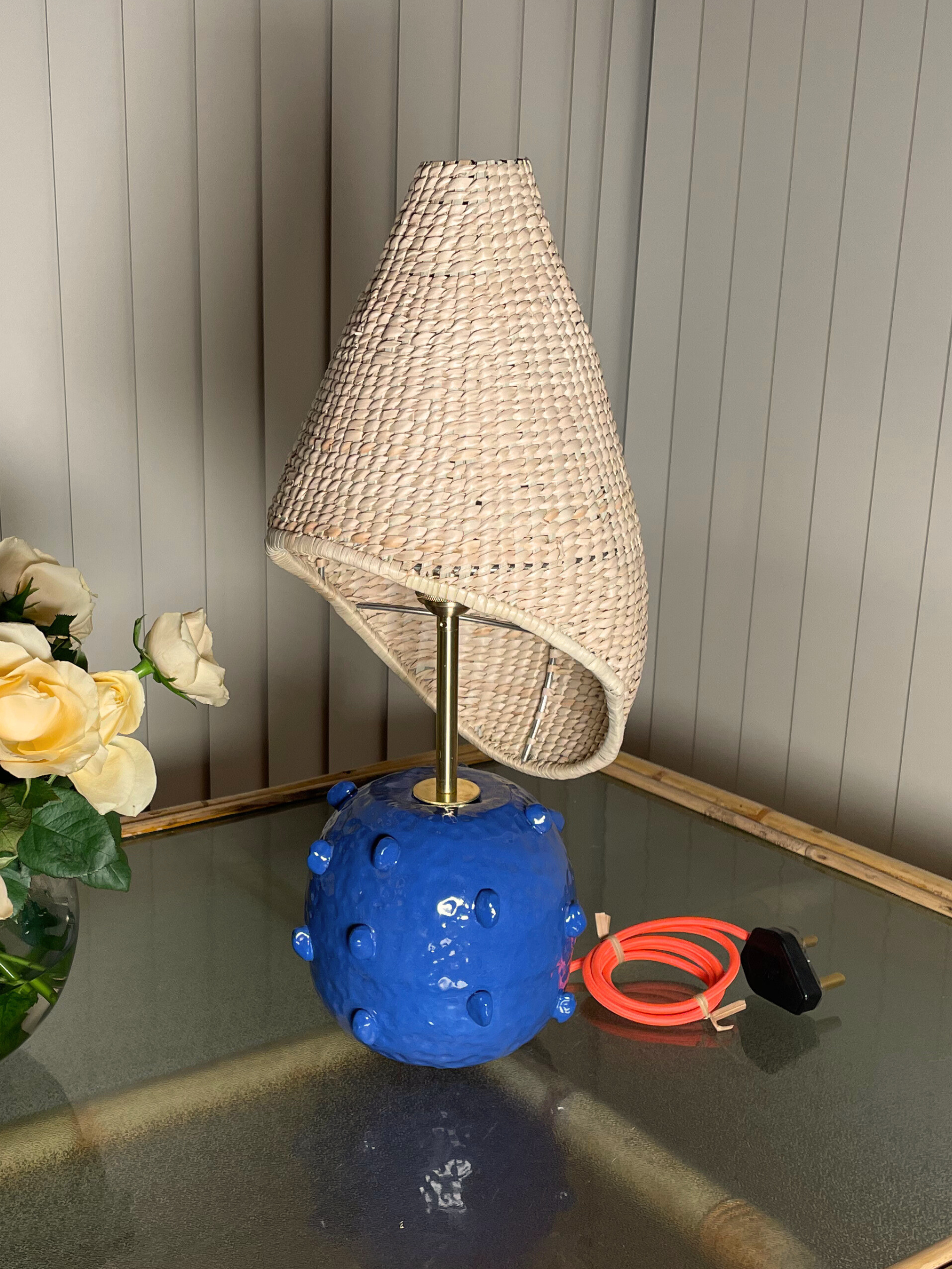 Lamp with wicker shade and blue base brass fixtures custom cord