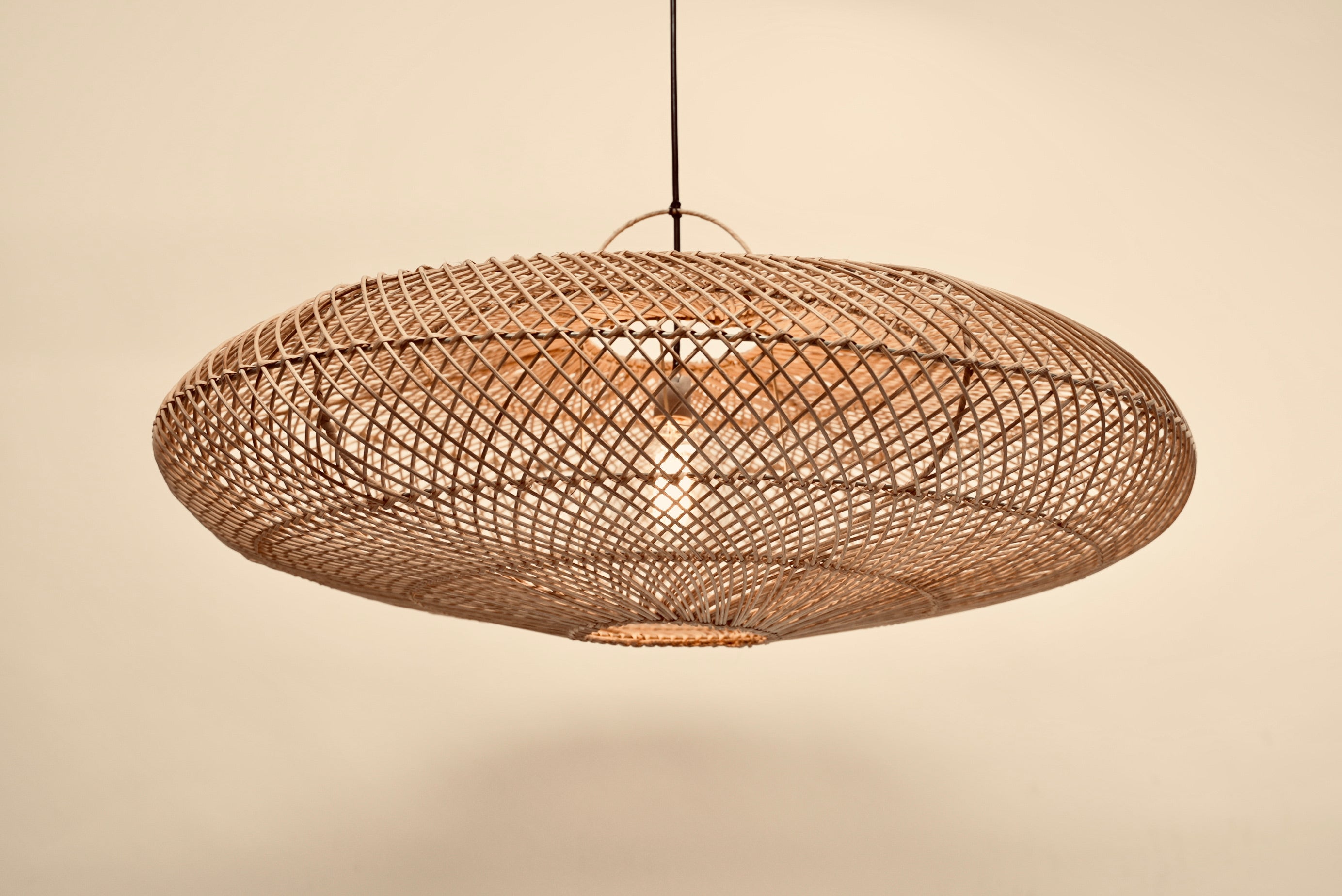 The UFO pendant woven with bamboo on stainless steel frame locally made and customisable