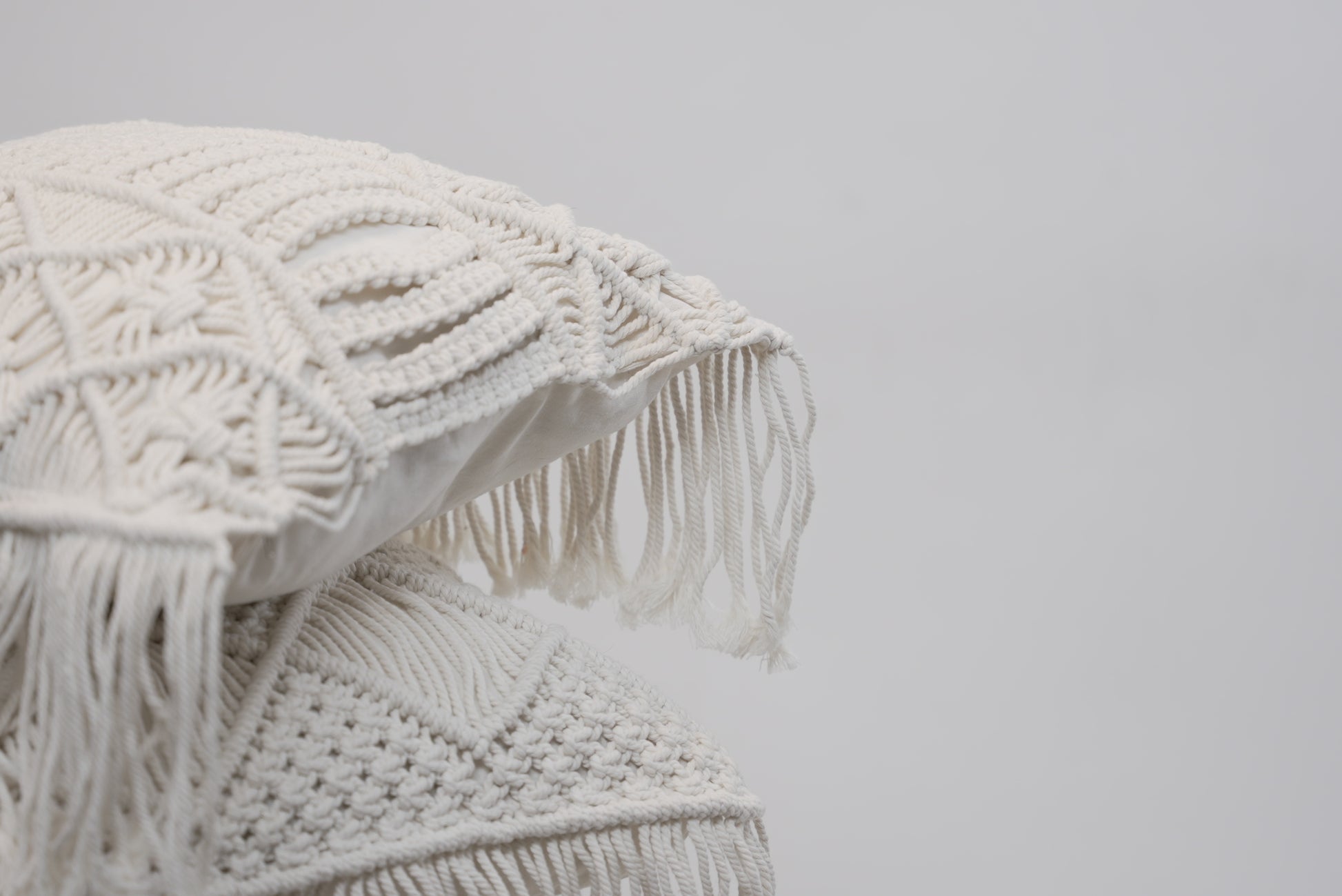 Boho beach style macrame cushion covers in crisp white