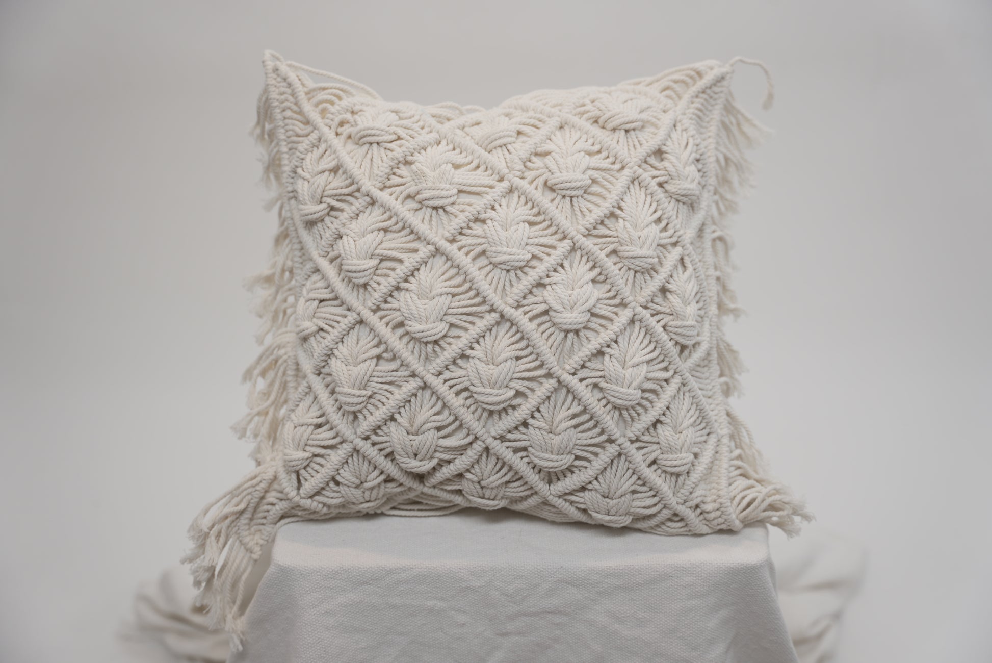 The macrame scatter cushion with unique hand woven detail and fringe tassles