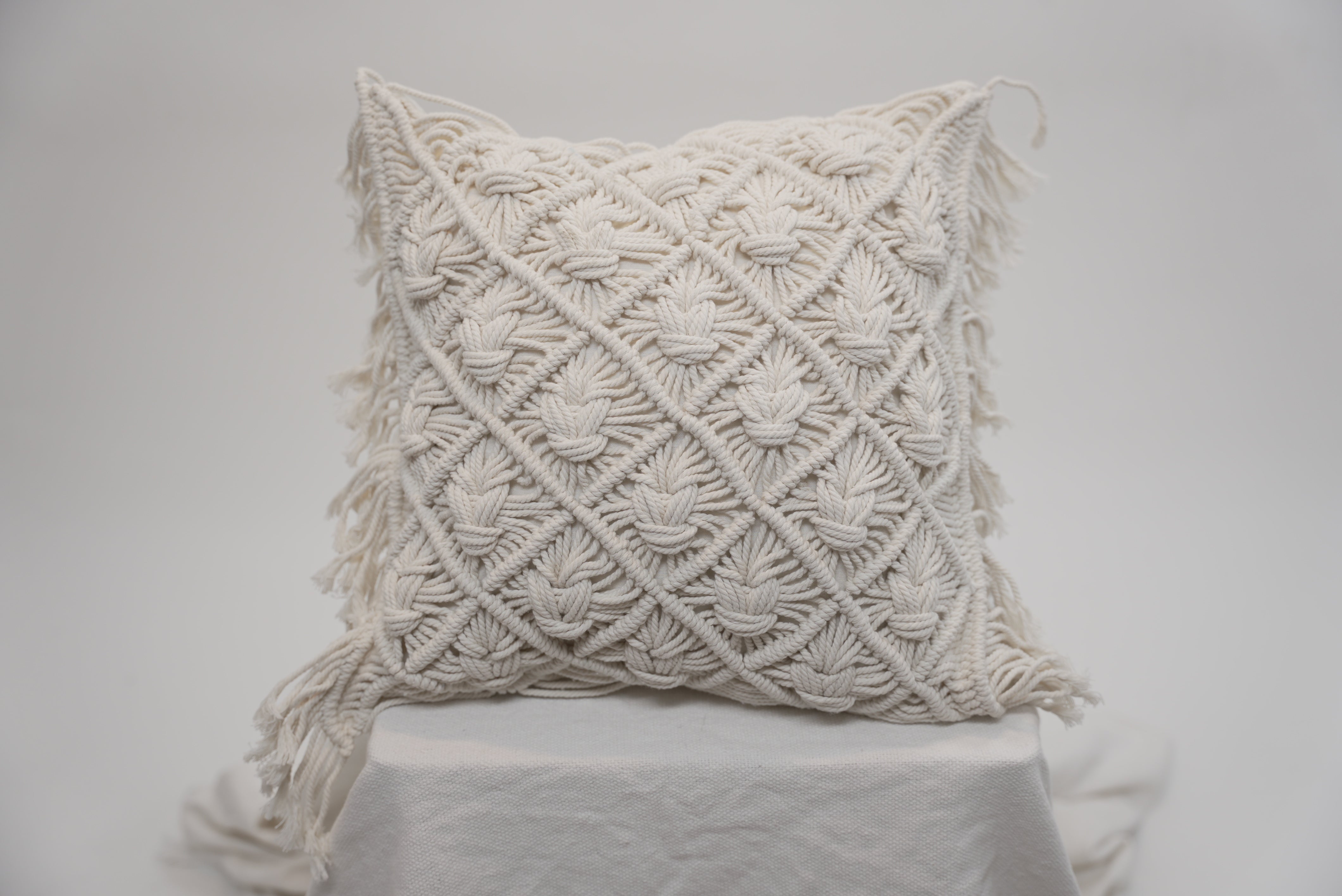 The macrame scatter cushion with unique hand woven detail and fringe tassles