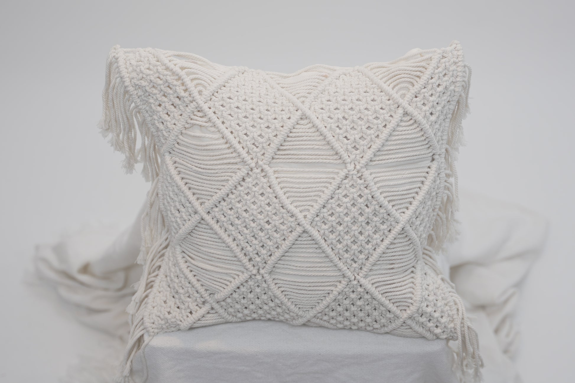 macrame scatter cushions handmade bright white boho beach luxury home