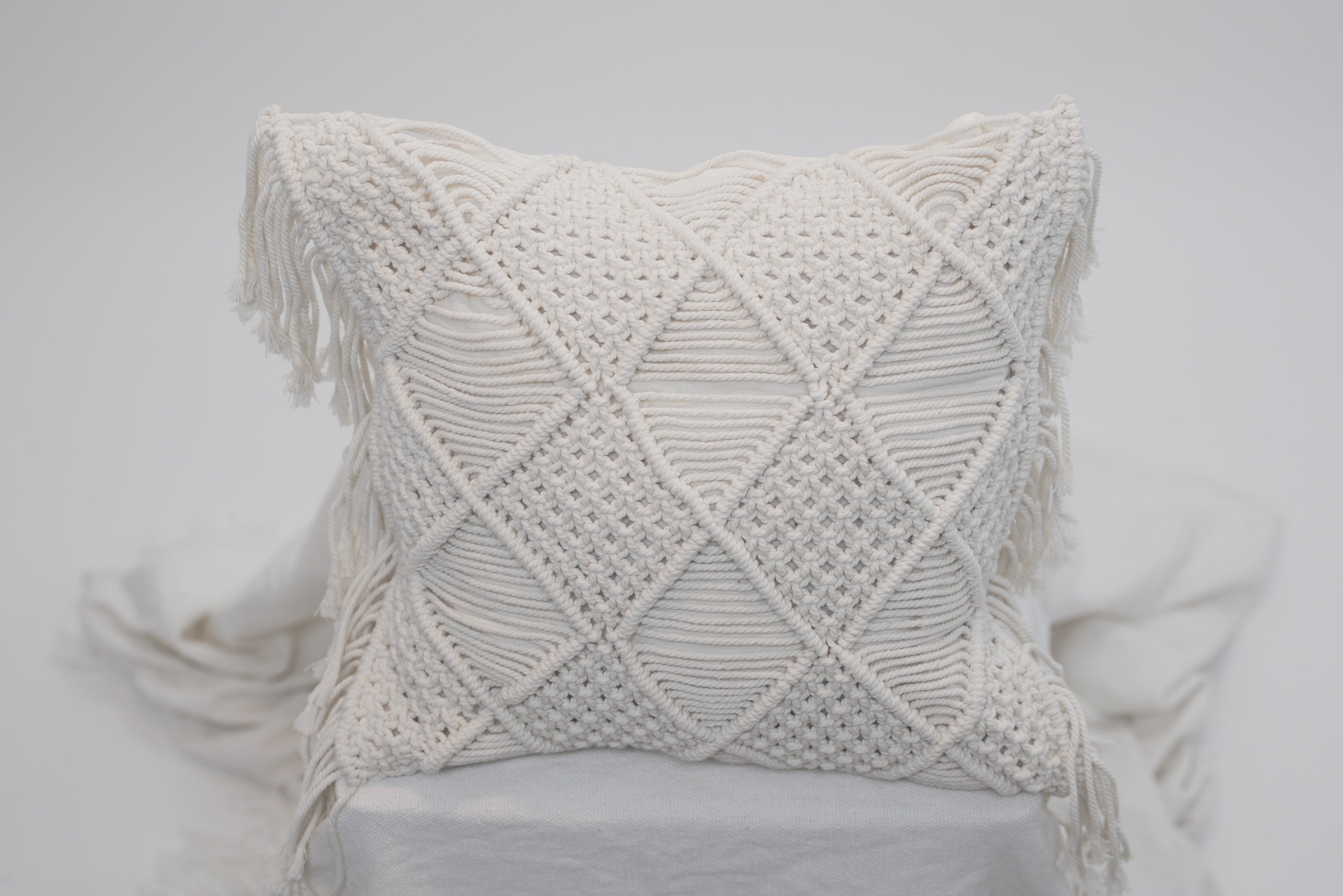 macrame scatter cushions handmade bright white boho beach luxury home